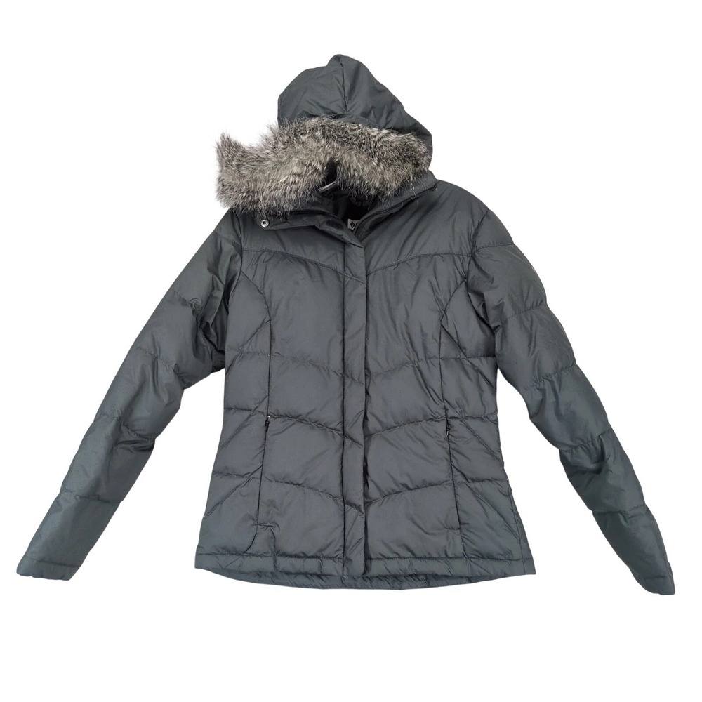 Columbia Black Down Puffer Jacket Womens S Faux Fur Hood Trim Outdoors Winter